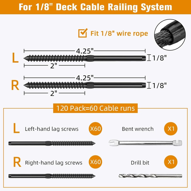 CELYND Swage Lag Screws for Cable Railing - 120 Pack Black T316 Stainless Steel Left and Right Handed Thread - 1/8" Cable Railing Hardware Kit for Deck Stair Wood Post Railing System - Image 2